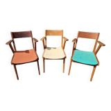 Set of 3 bridge armchairs with compass legs from the 50s/60s