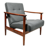 Fauteuil scandinave en teck et tissu gris par E.Homa, 1960