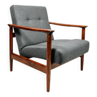 Fauteuil scandinave en teck et tissu gris par E.Homa, 1960