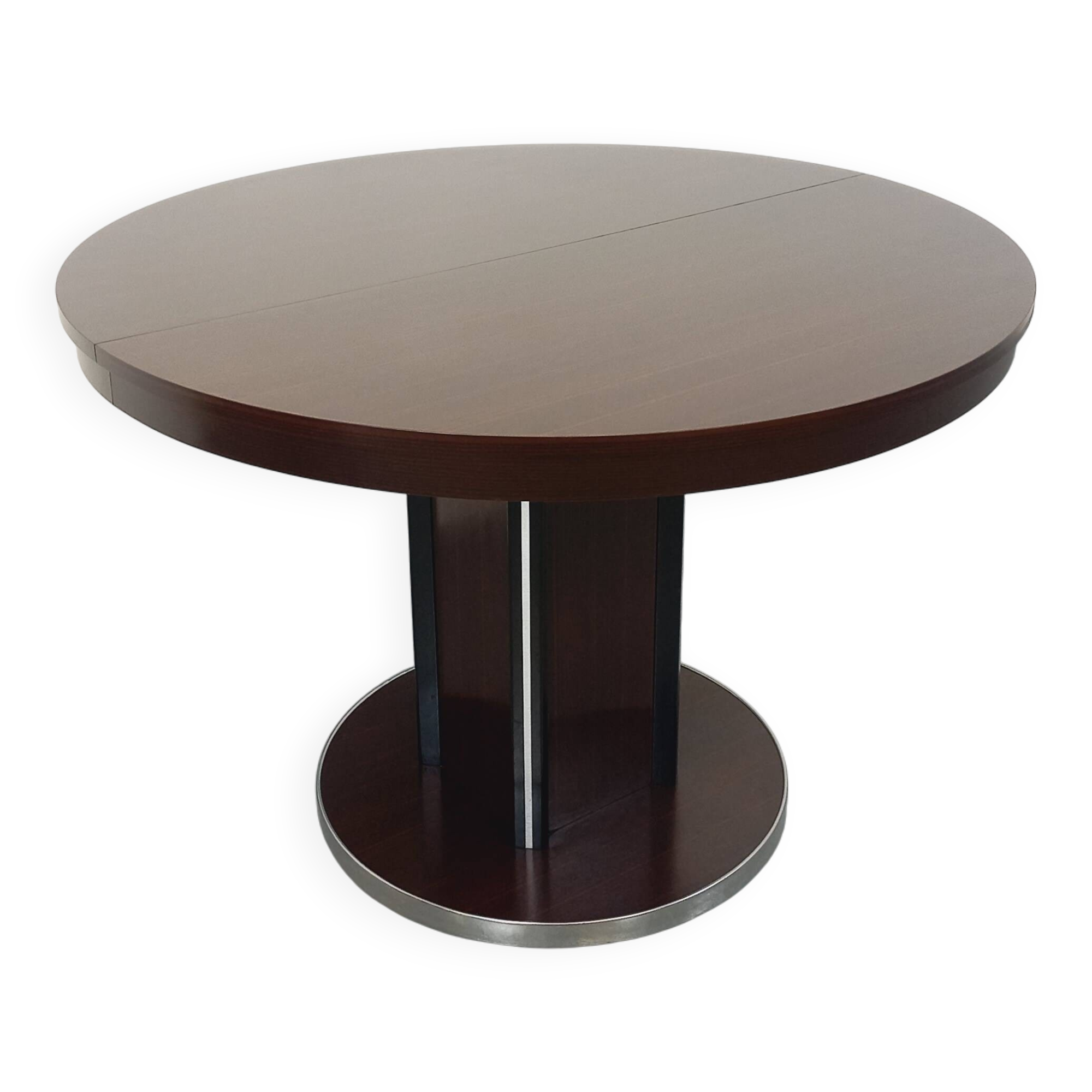Table ronde de repas vintage en bois d’ébène et métal chromé Space Age