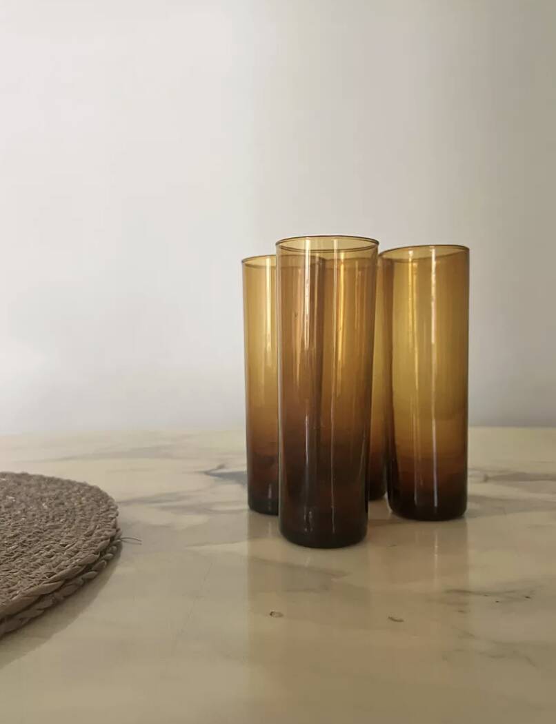 Set of 4 smoky amber brown water/orangeade glasses, France 1970.