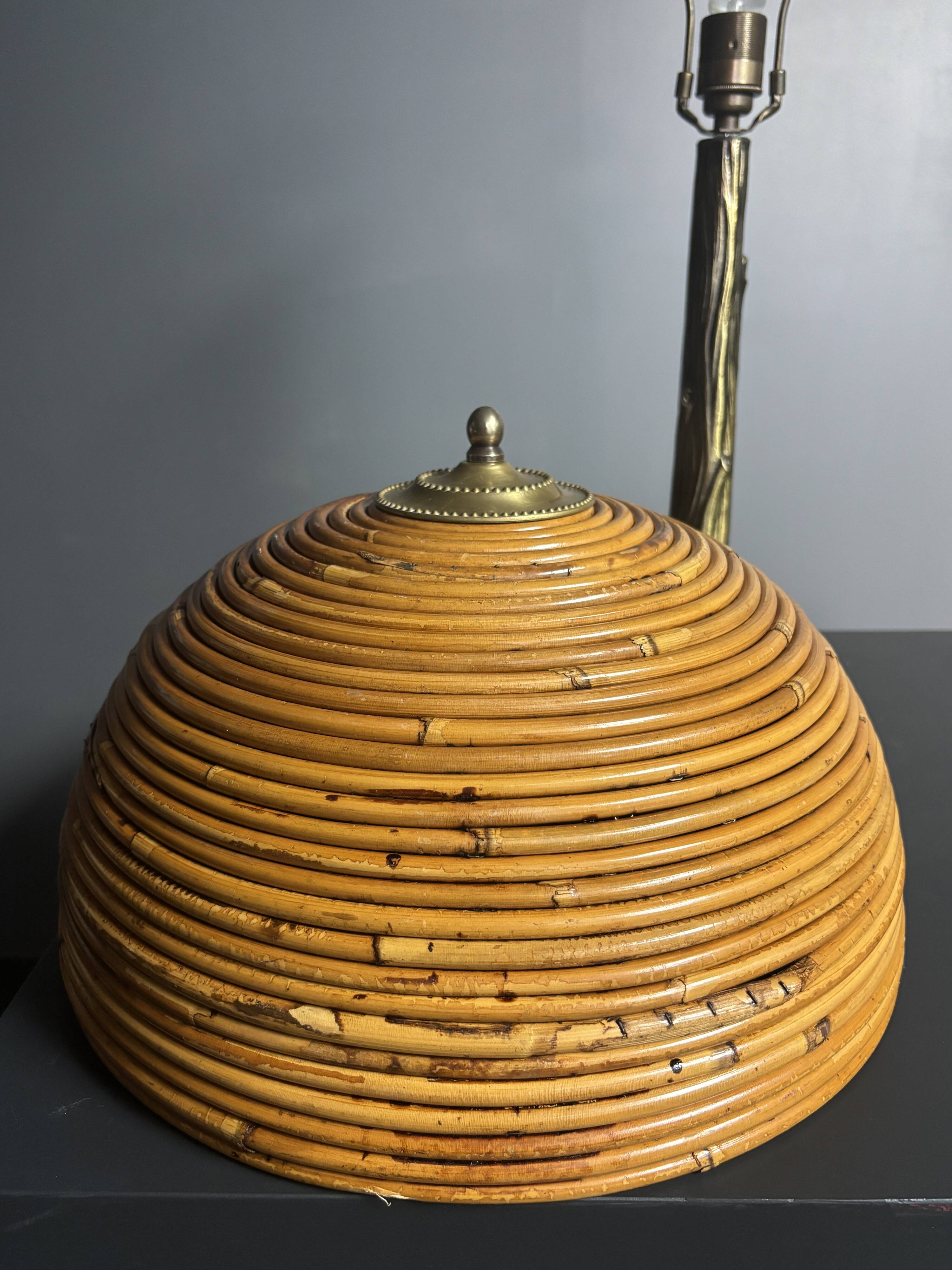Mid-Century Pencil Reed Rattan Bamboo and Brass Table Lamp, 1970s