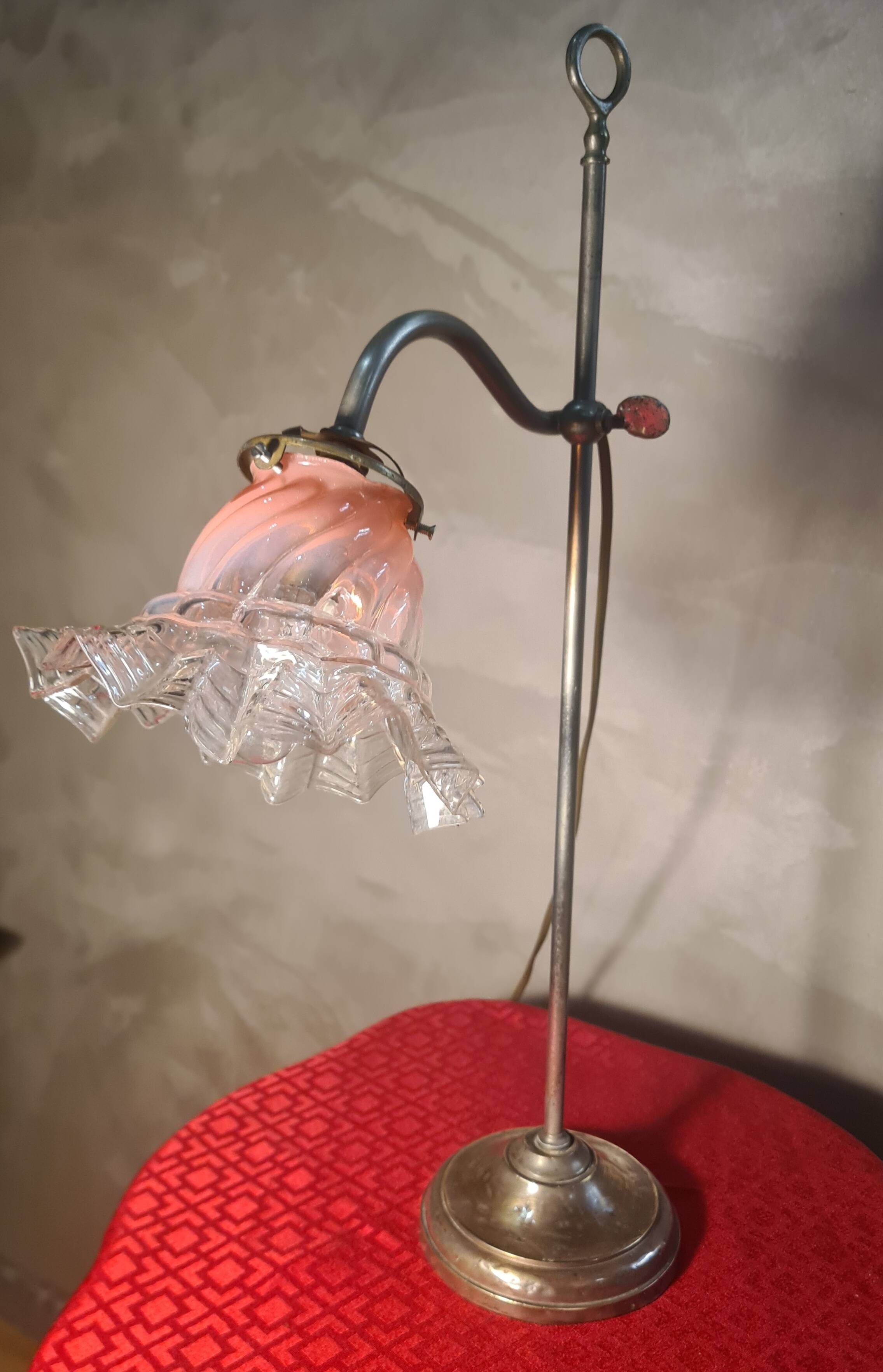 lampe de bureau laiton 1900 patine superbe 54x30 avec tulipe dentelle trans