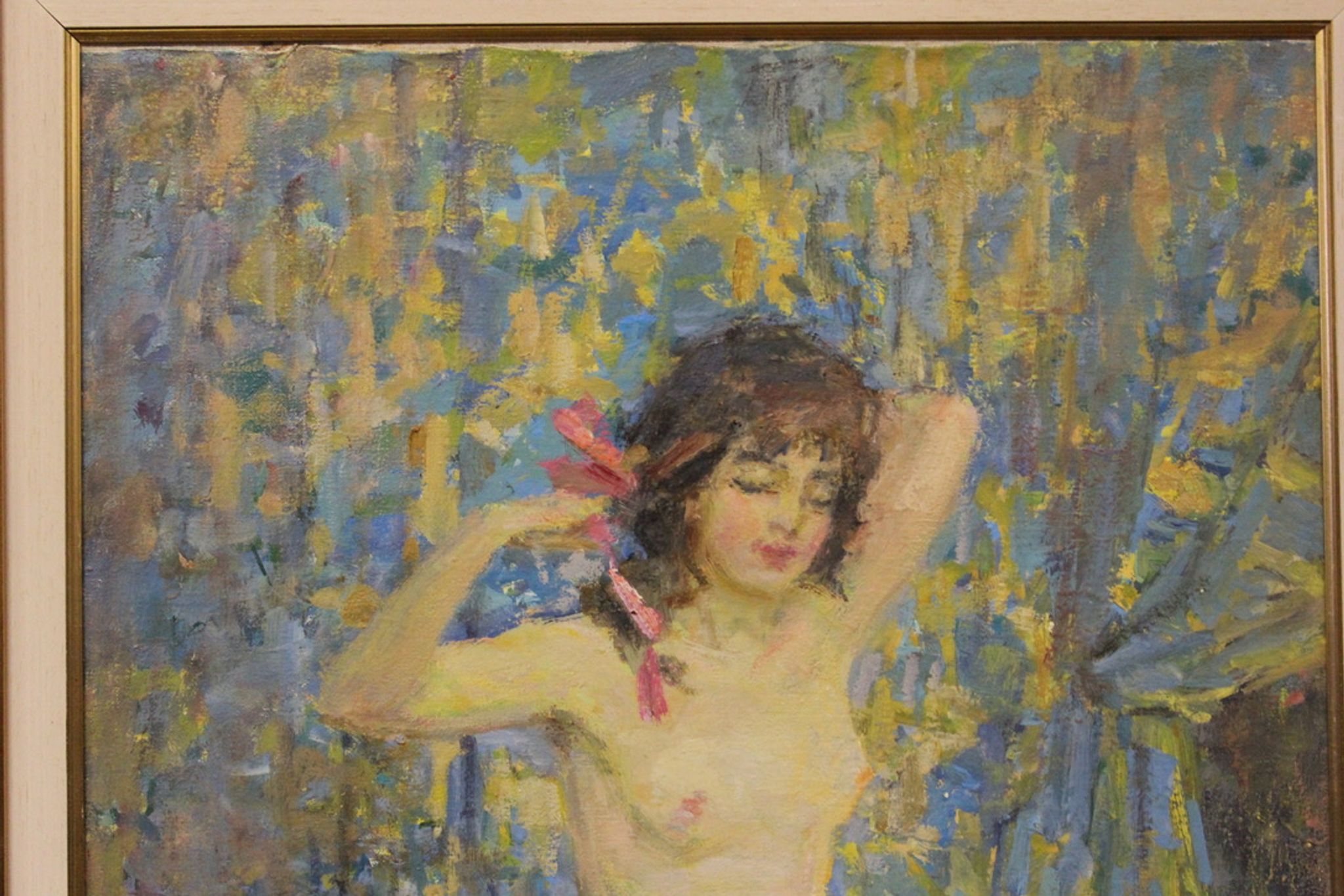 Oil on canvas young woman with a pink knot by riasnianski