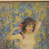 Oil on canvas young woman with a pink knot by riasnianski