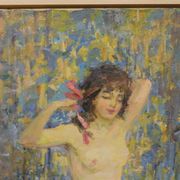 Oil on canvas young woman with a pink knot by riasnianski