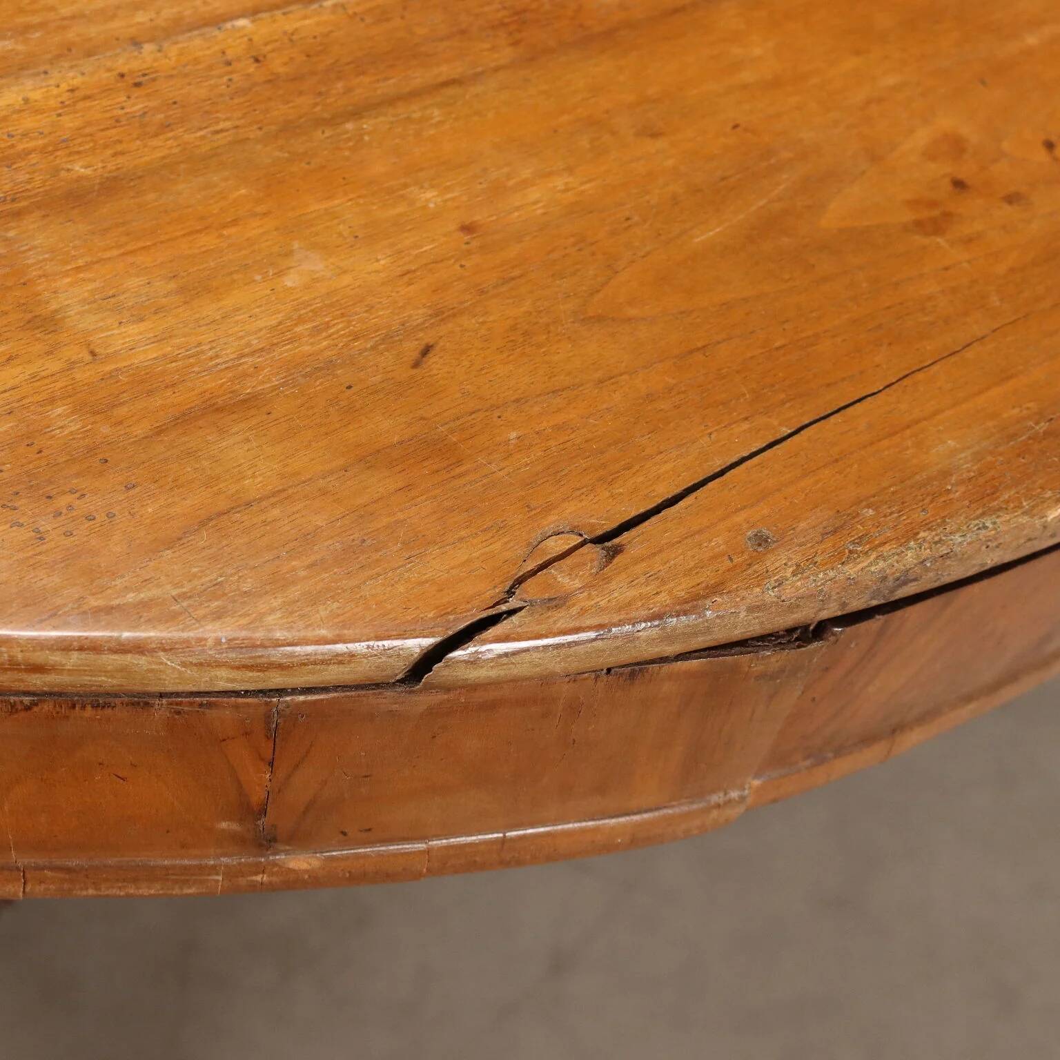 Antique walnut round table with drawers, Italy, 19th century