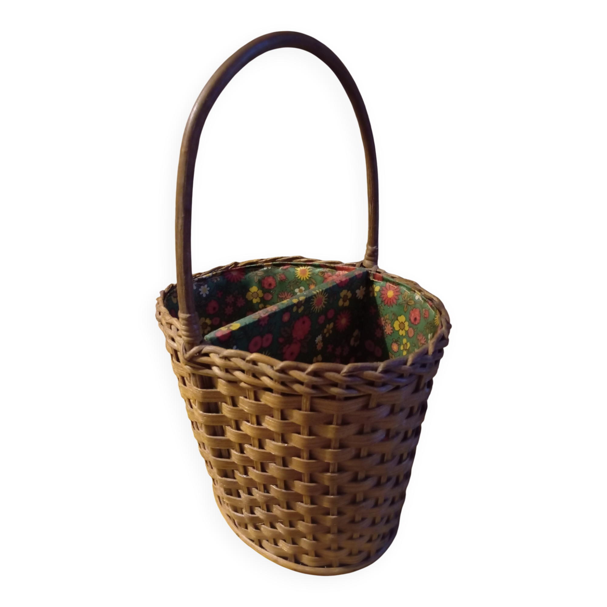 Woven wicker bottle basket. Flower Power. Very good condition.
