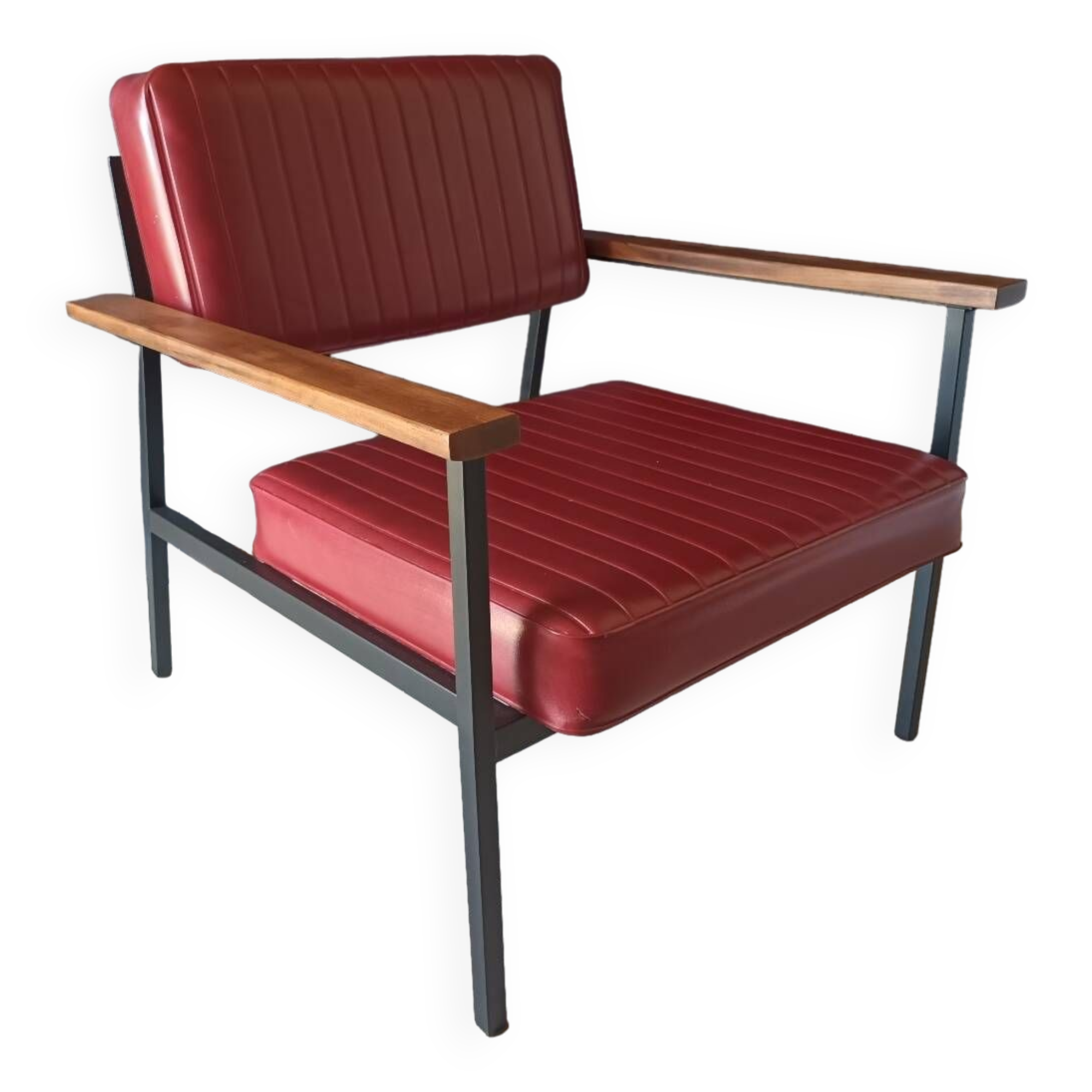 Vintage armchair in burgundy leatherette, wood and black metal