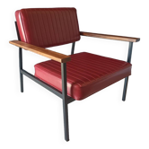 Vintage armchair in burgundy leatherette, wood and black metal