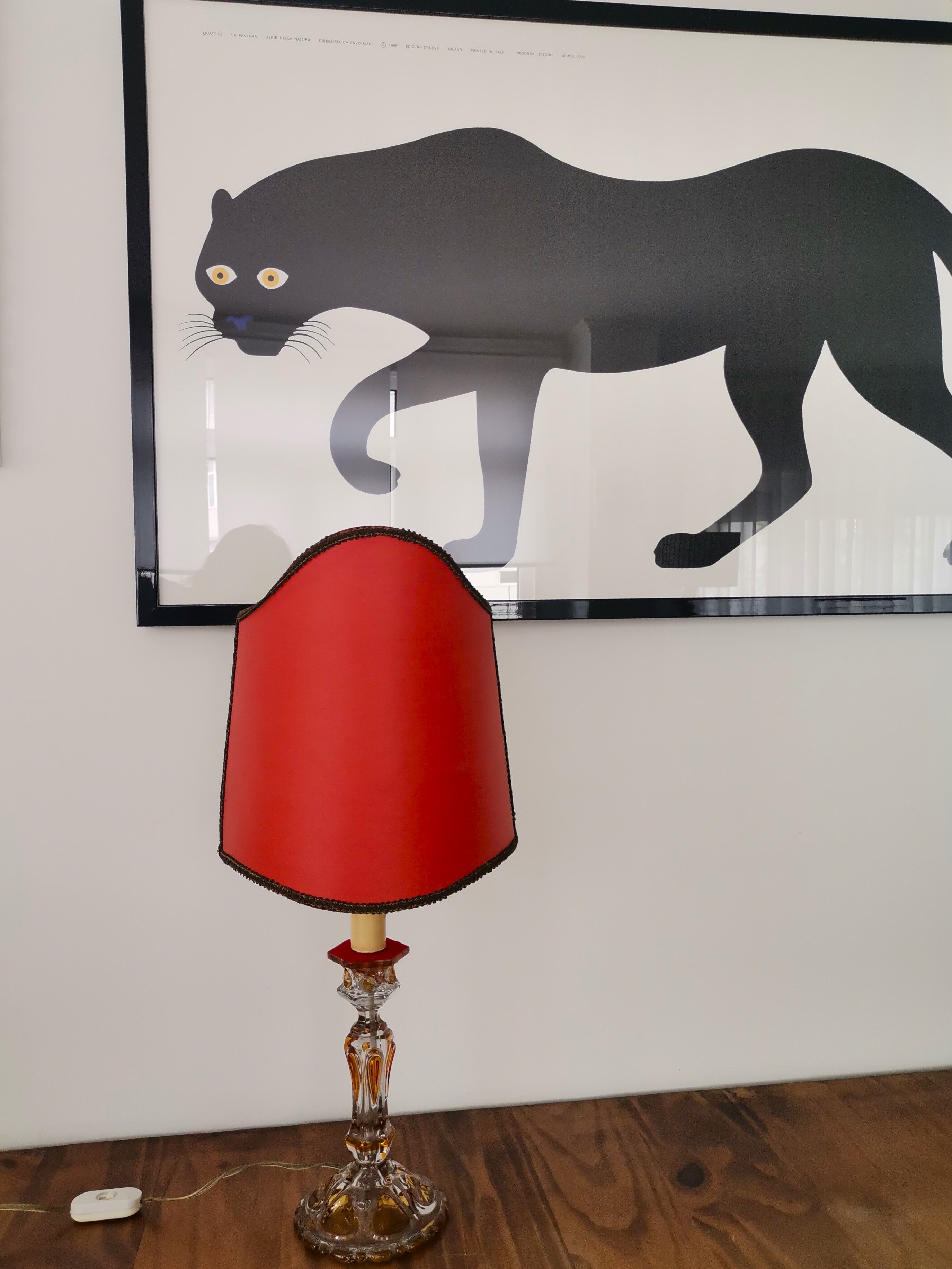 French Art Nouveau Crystal Red Silk Half Shade Table Lamp, 1940s