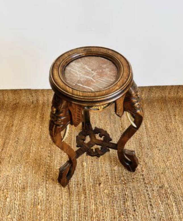 Carved wooden stool, red marble top, early 20th century