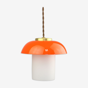 Mid-century orange glass & brass mushroom pendant lamp