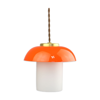 Mid-century orange glass & brass mushroom pendant lamp