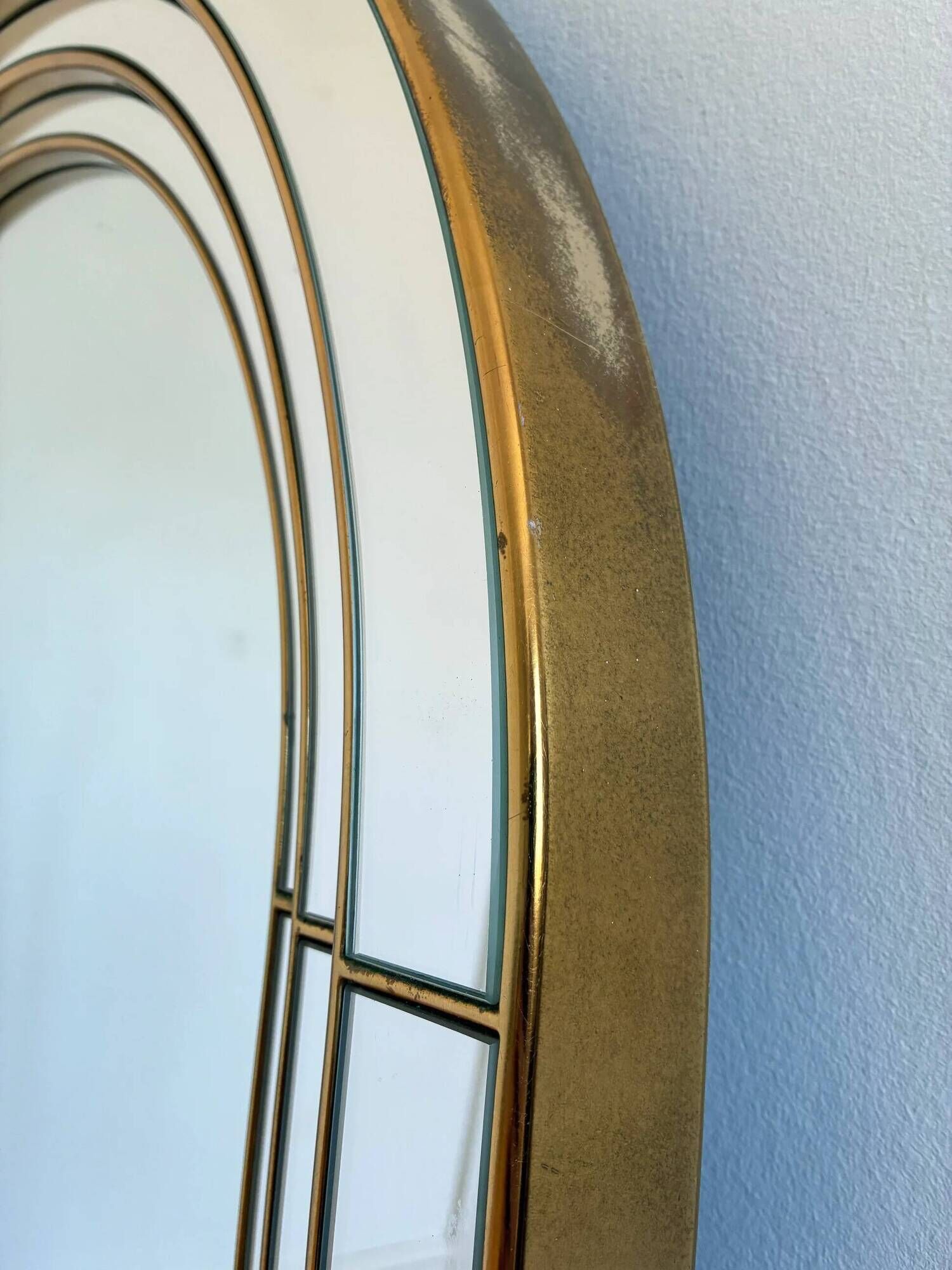 Large vintage Deknudt arched beveled panel mirror – gold, Belgium, 1980s