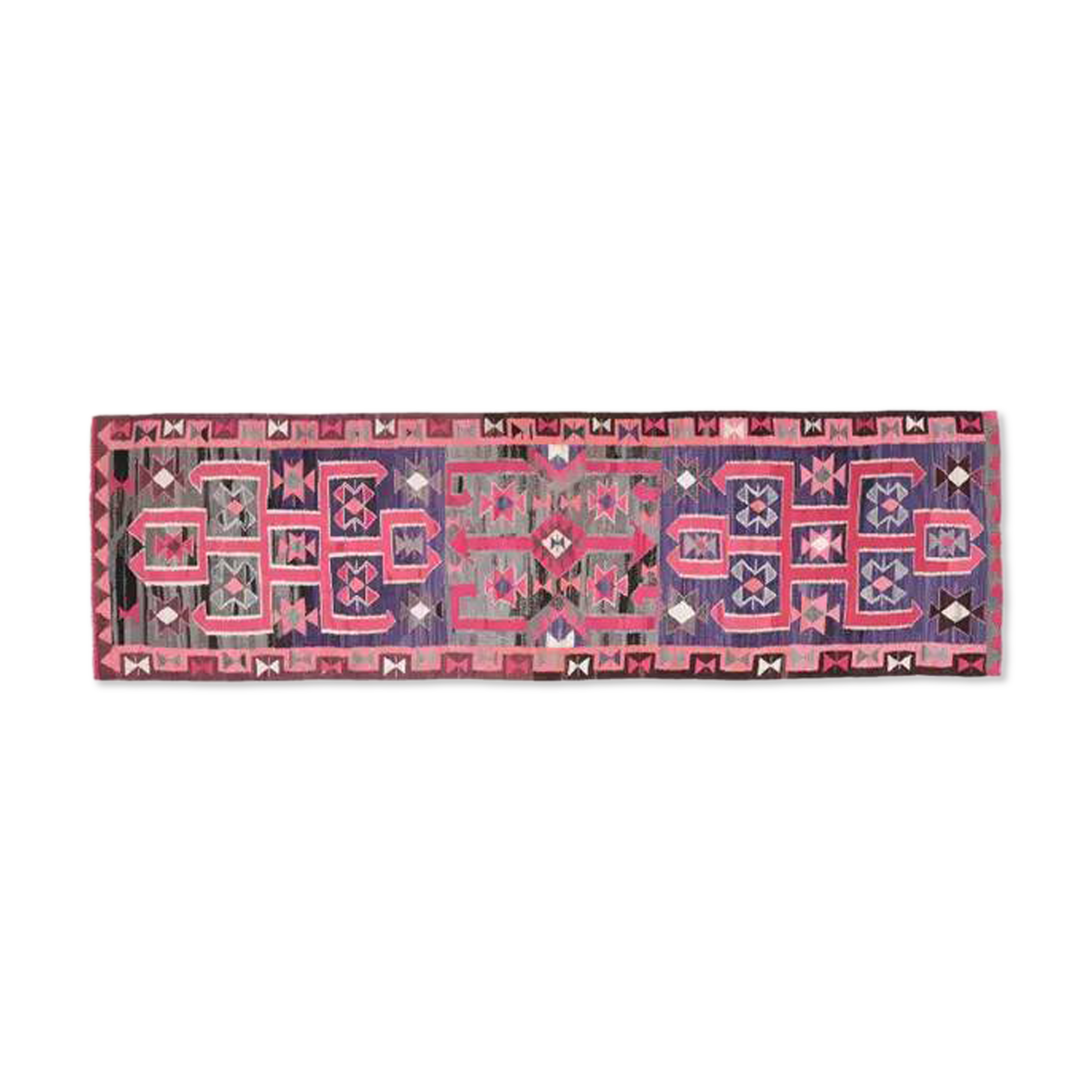Tapis couloir vintage turc Oushak fait main en laine et coton rose des années 1970 99x331