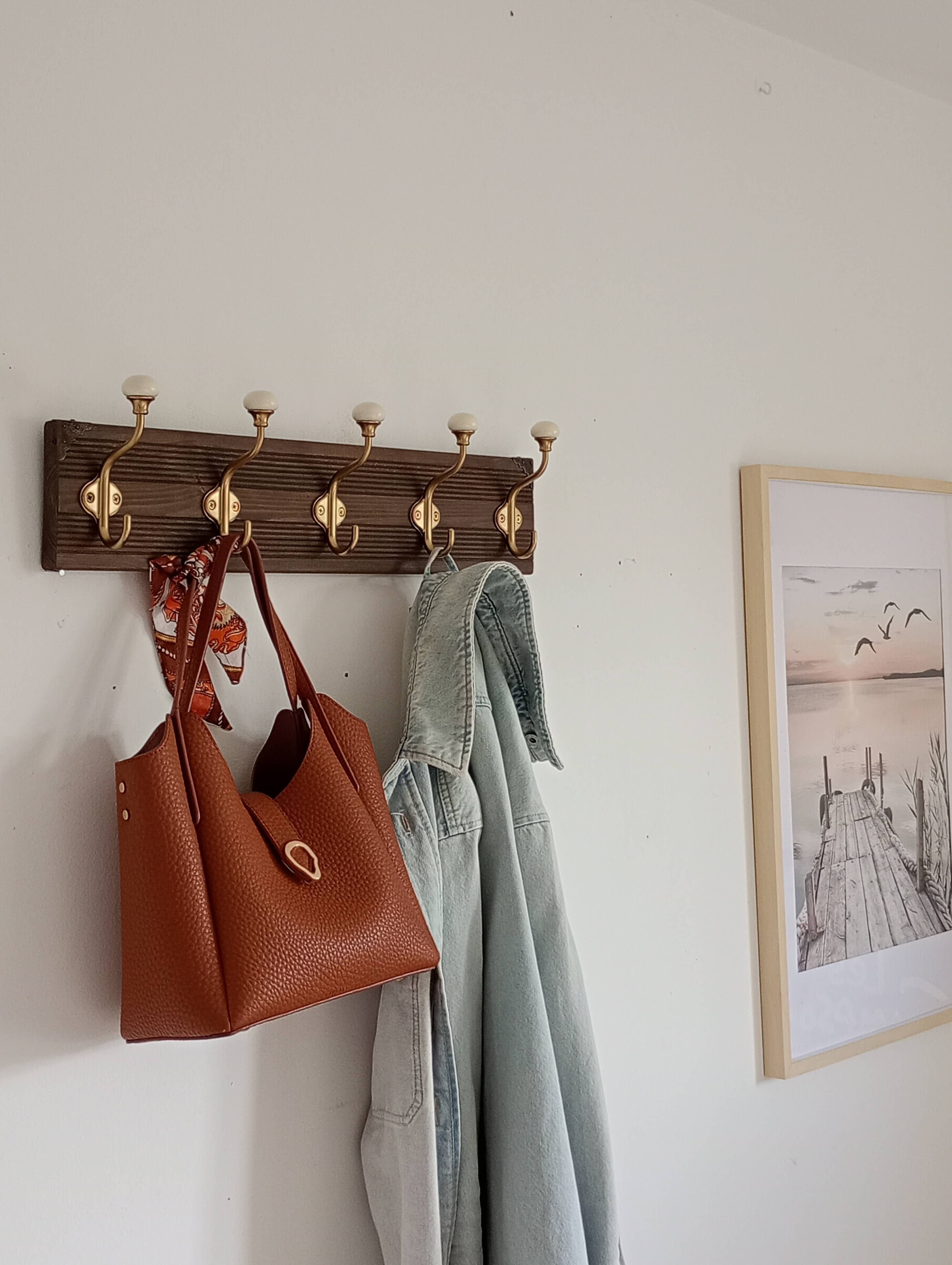 Vintage wall coat rack – 57 cm – 5 metal and ceramic hooks