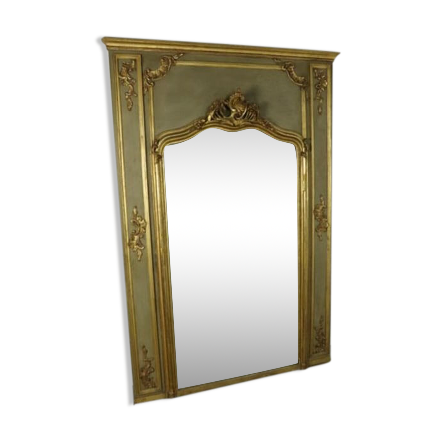 Miroir de trumeau en bois laqué vert et bois doré