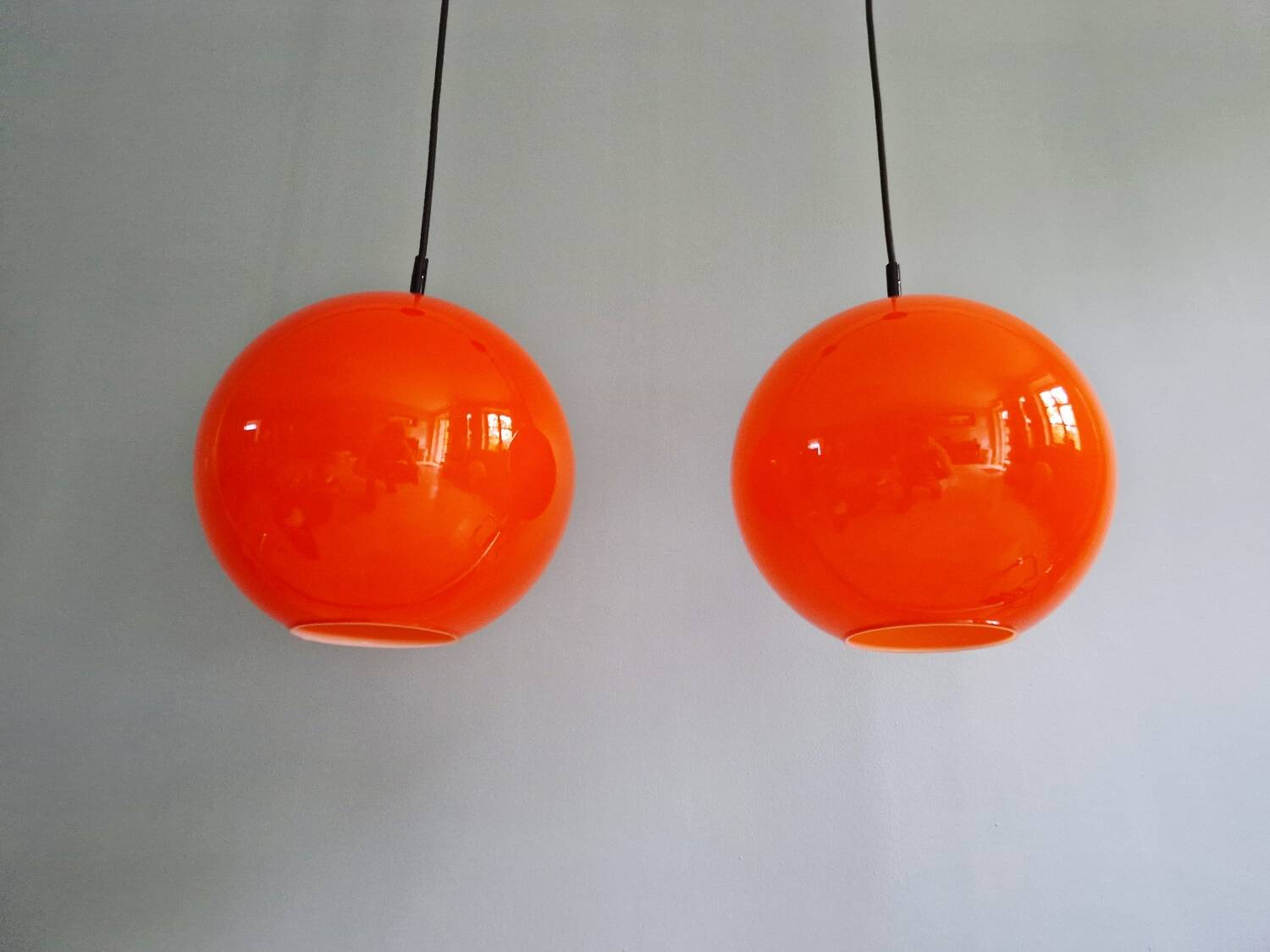 Vintage orange opaline glass pendant light (4 available), 1970s