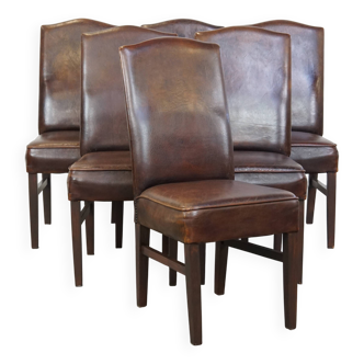 Lot de 6 chaises de salle à manger en peau de mouton foncée avec clous décoratifs