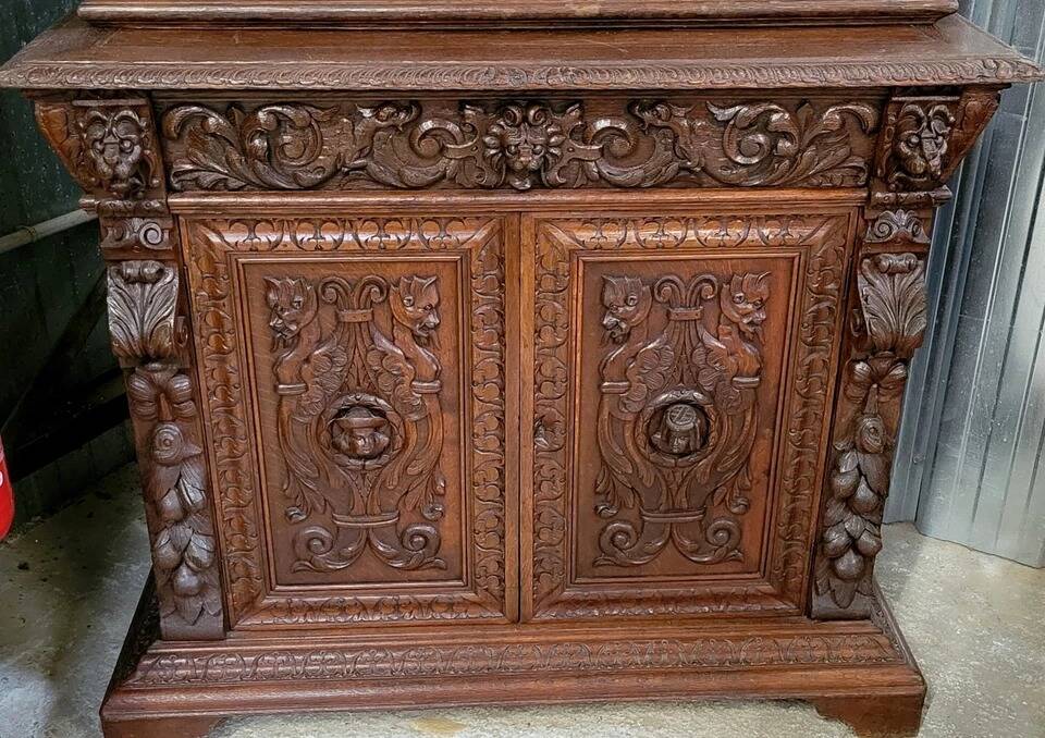 19th century carved solid wood hunting lodge sideboard