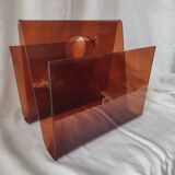 Translucent mahogany plexiglass magazine rack from the 70s