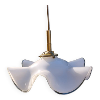 White opaline pendant light with ruffled glass border, 1970