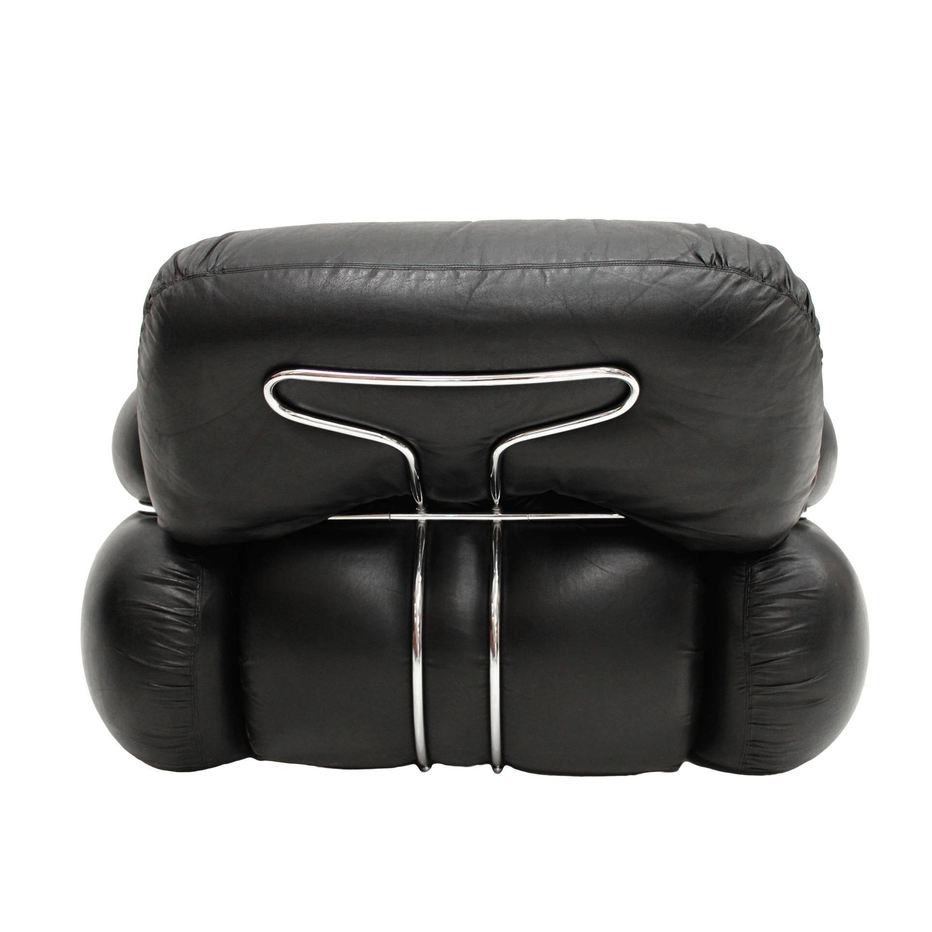 Italian Pair Of Okay Armchairs by Adriano Piazzesi with Black Leather and Steel