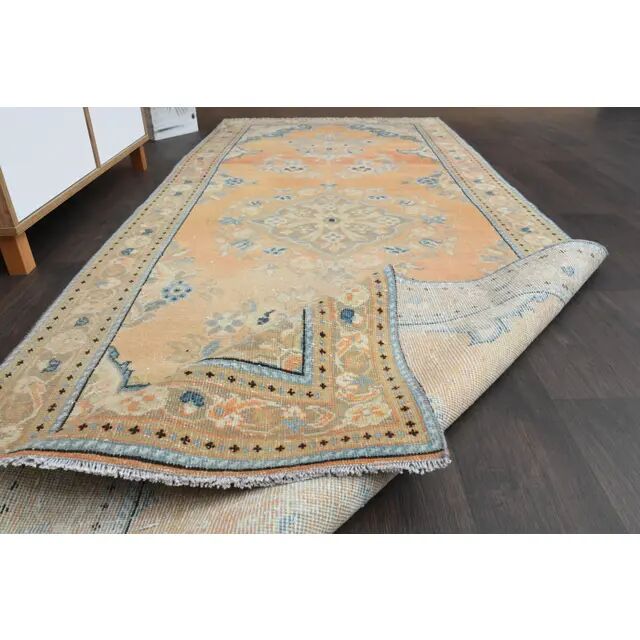 Vintage Turkish Hand-Knotted Wool Cotton Orange Runner Rug  118x304