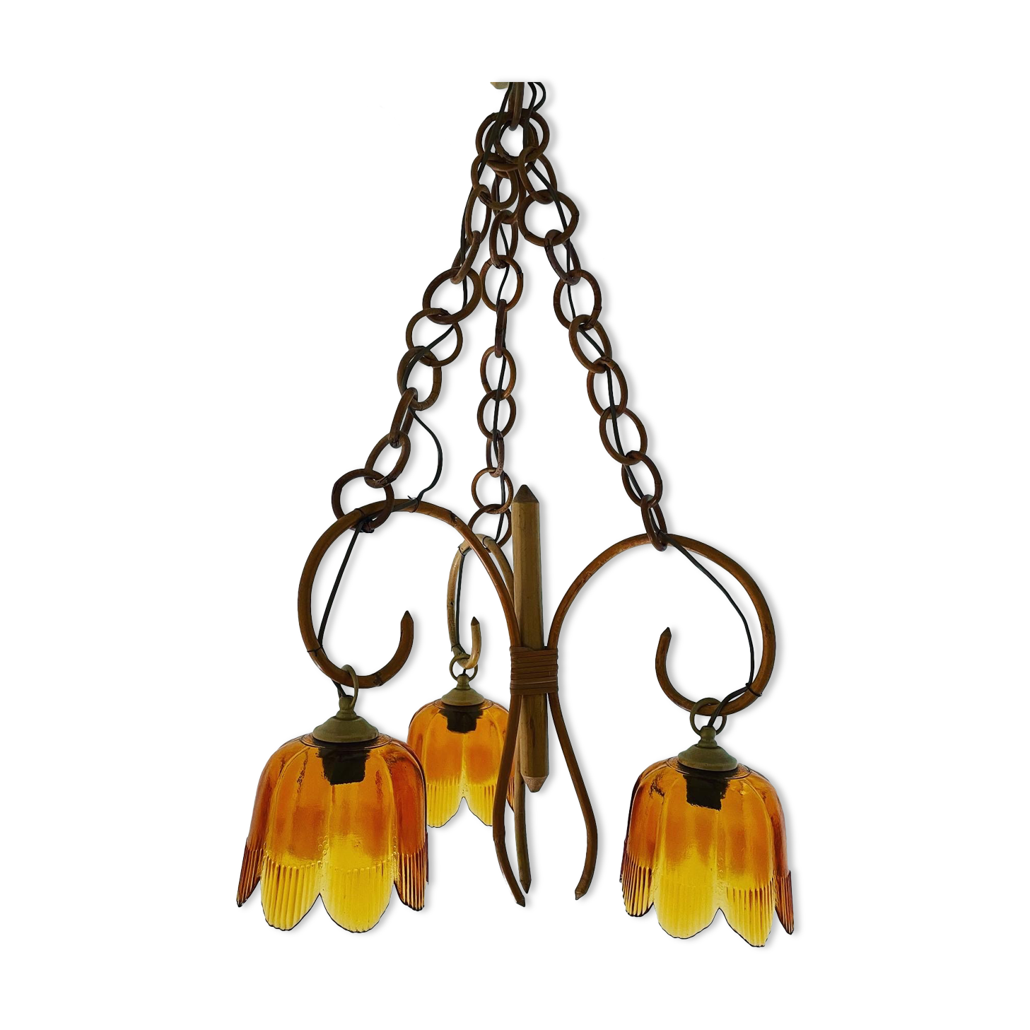 Vintage chandelier with 3 burners in rattan and bamboo