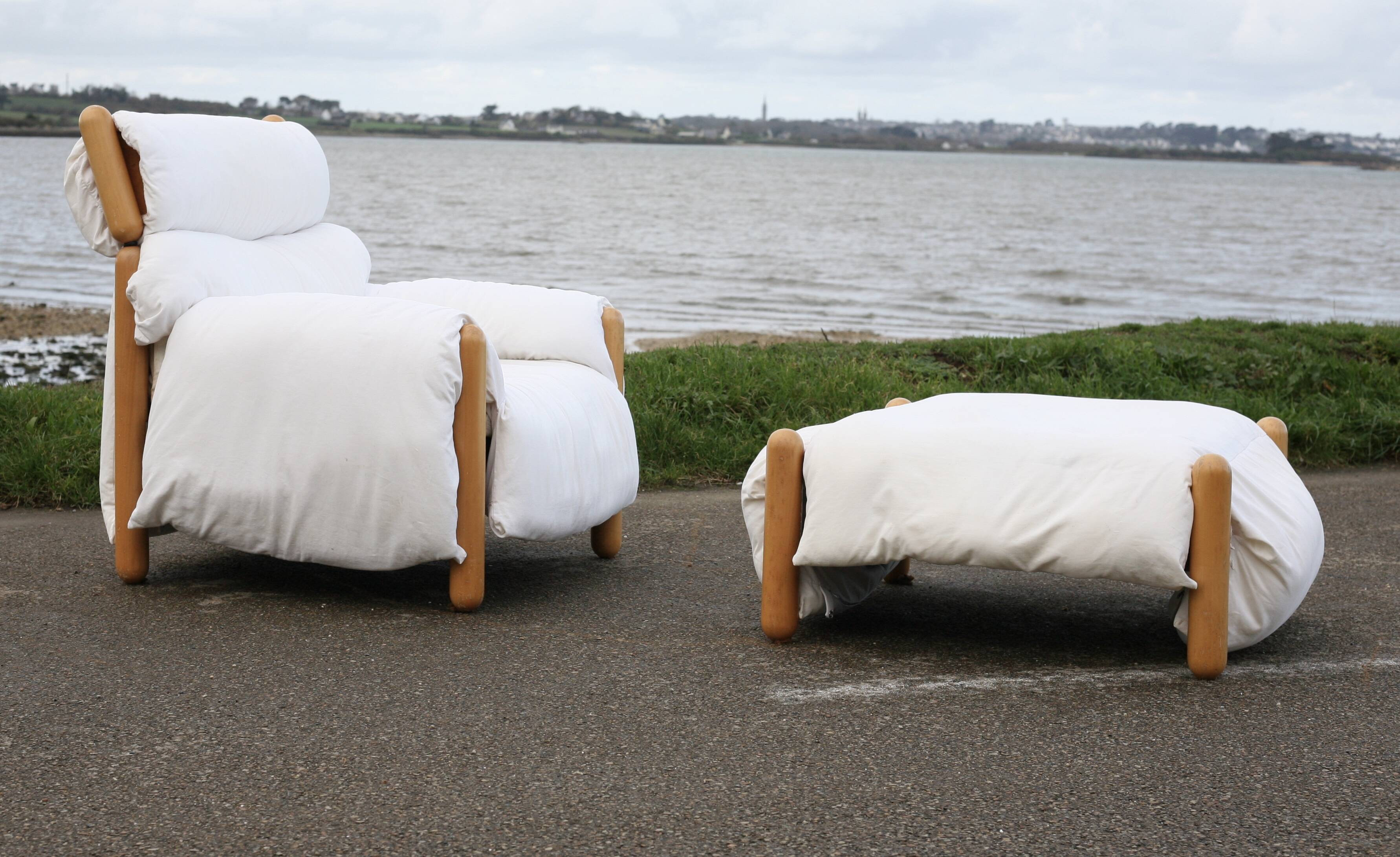 Enzo Mari, Gamba di Legno armchair and ottoman, Driade, Italy, 1976