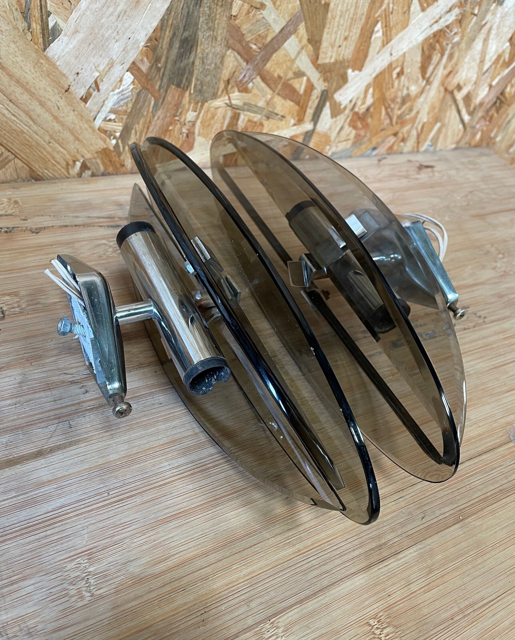 Pair of vintage smoked glass wall lamps