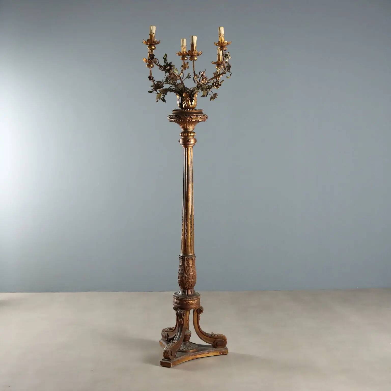 Antique neoclassical candelabrum in wood and iron, Italy, 19th century