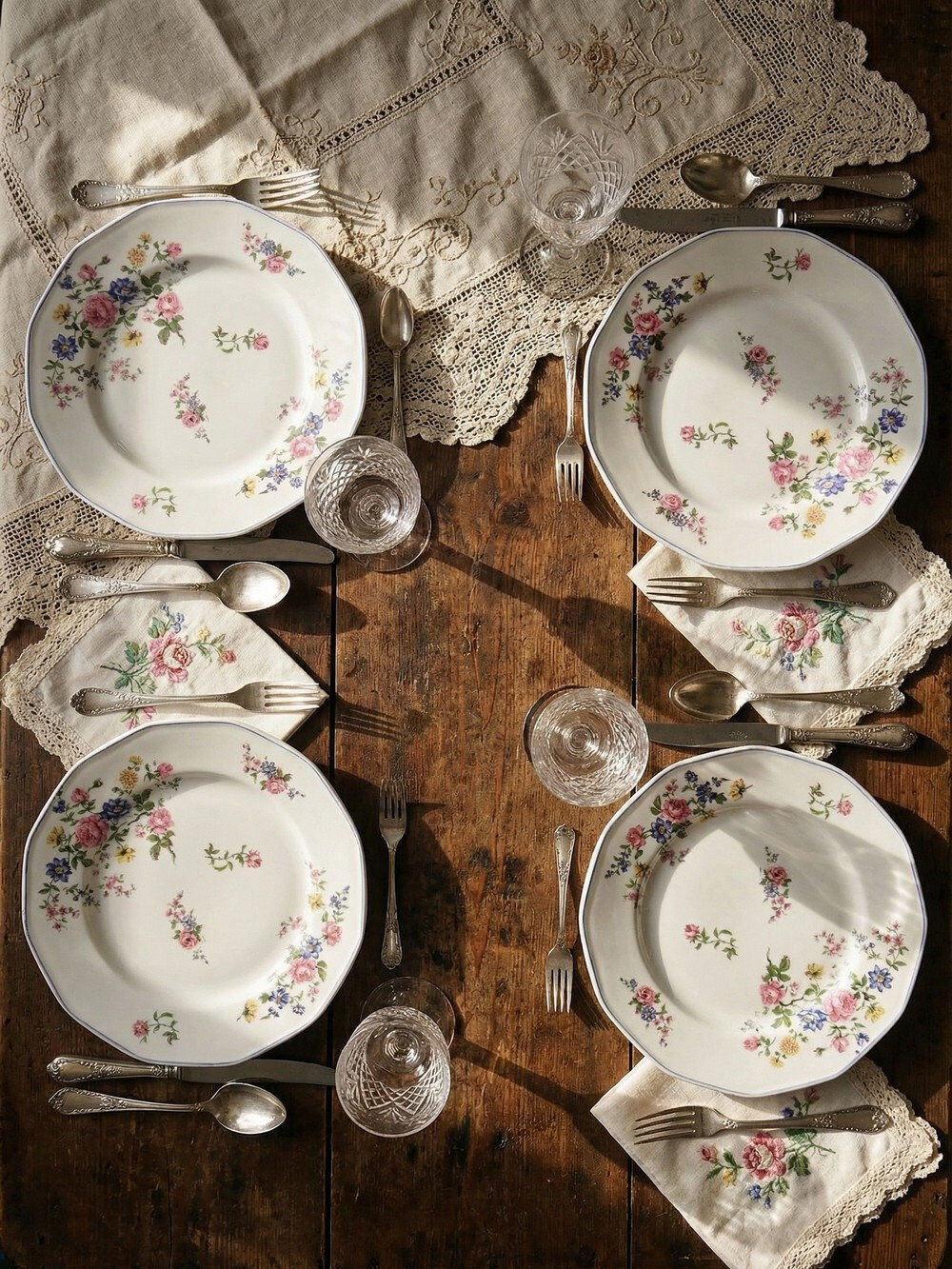 4 flat plates by Bernardaud, Limoges porcelain, floral decoration from the 1920s to 1950s.