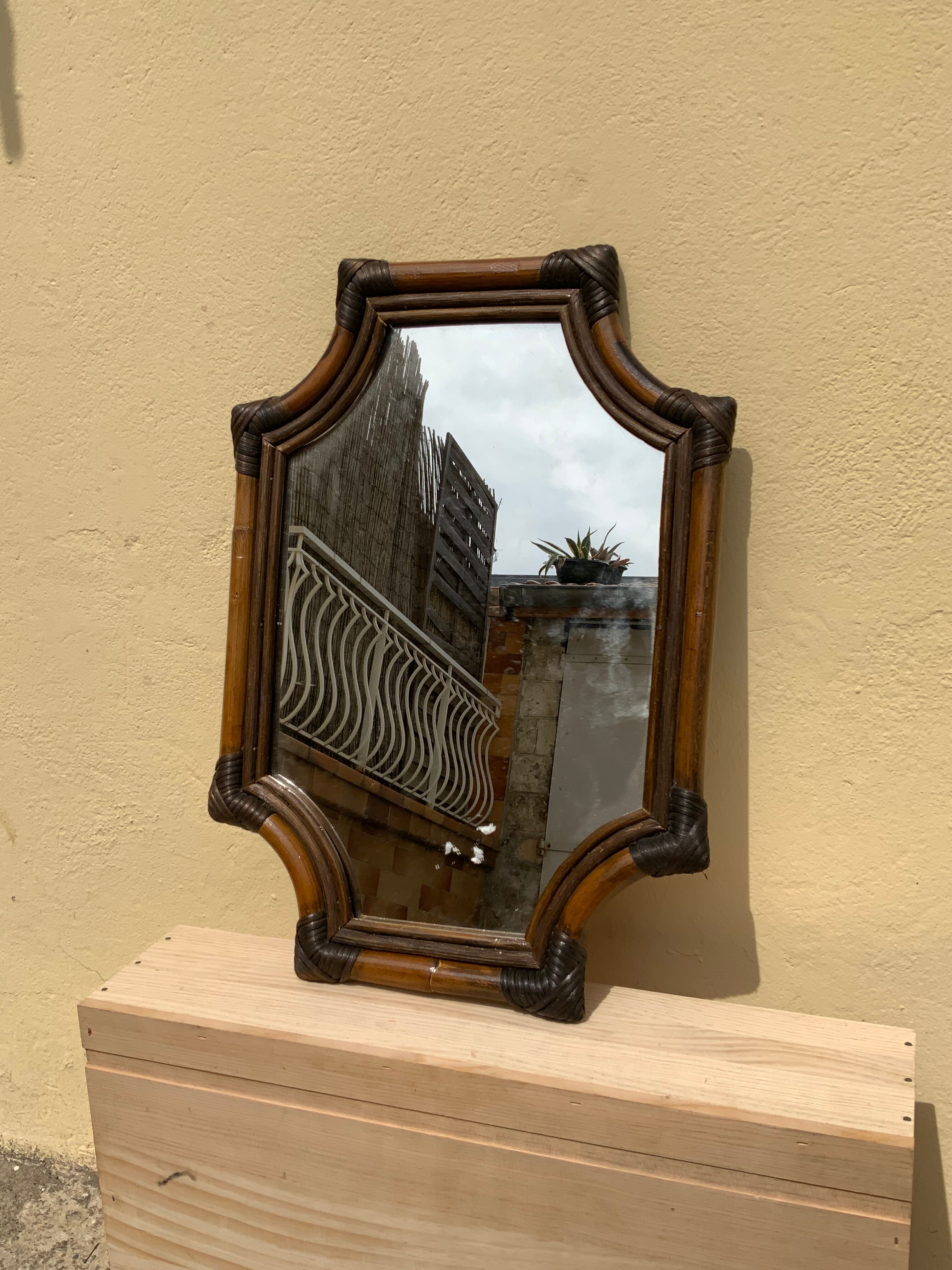 Large format retro decorative vintage wicker and rattan wood mirror
