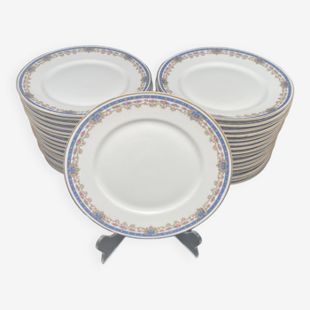 Assiettes plates porcelaine de Limoges Liseré bleu et petites fleurs roses