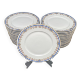 Limoges porcelain flat plates with blue border and small pink flowers