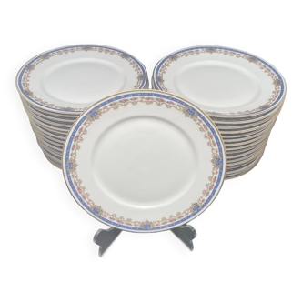 Assiettes plates porcelaine de Limoges Liseré bleu et petites fleurs roses