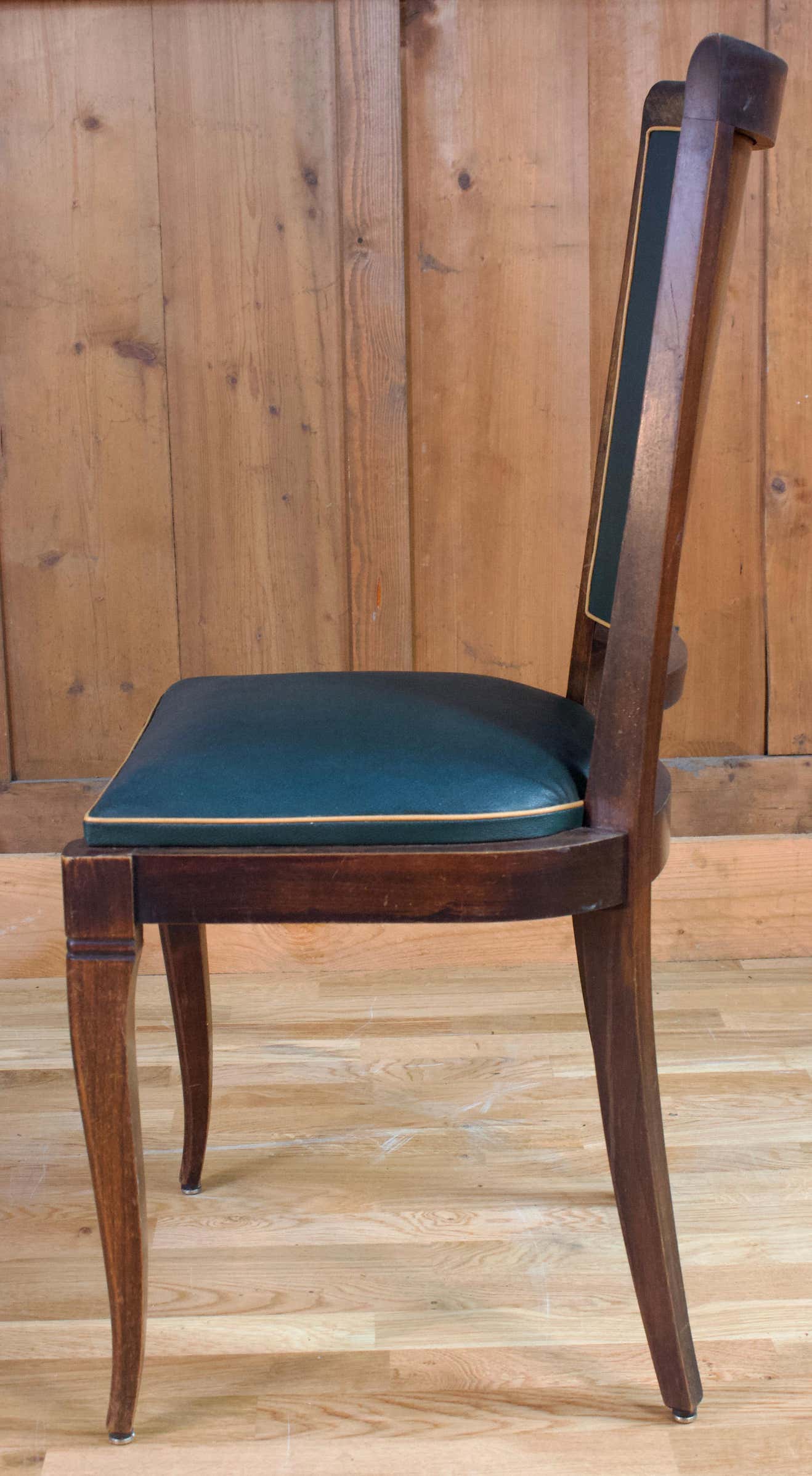 Art Deco set of four Jaguar green wooden and leatherette chairs, circa 1950