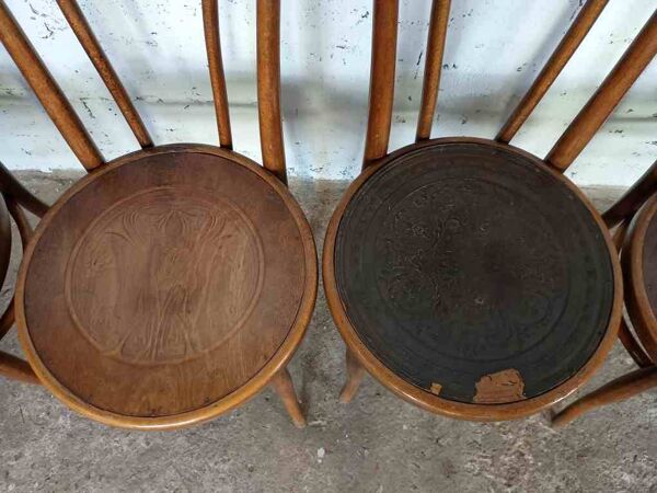 7 chaises bistrot pirogravées début XXème siècle Fischel Baumann Luterma