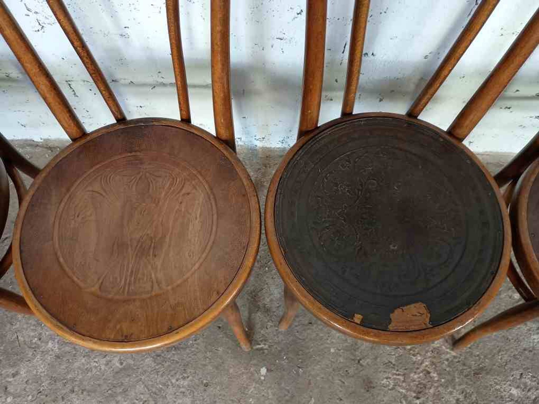 7 piroengraved bistro chairs from the beginning of the 20th century Fischel Baumann Luterma