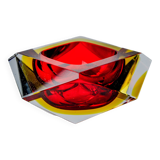 Cendrier Sommerso rouge et jaune par seguso, verre facetté, murano, italie, 1970