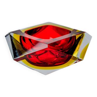 Cendrier Sommerso rouge et jaune par seguso, verre facetté, murano, italie, 1970