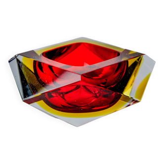 Red and yellow Sommerso ashtray by seguso, faceted glass, murano, italy, 1970