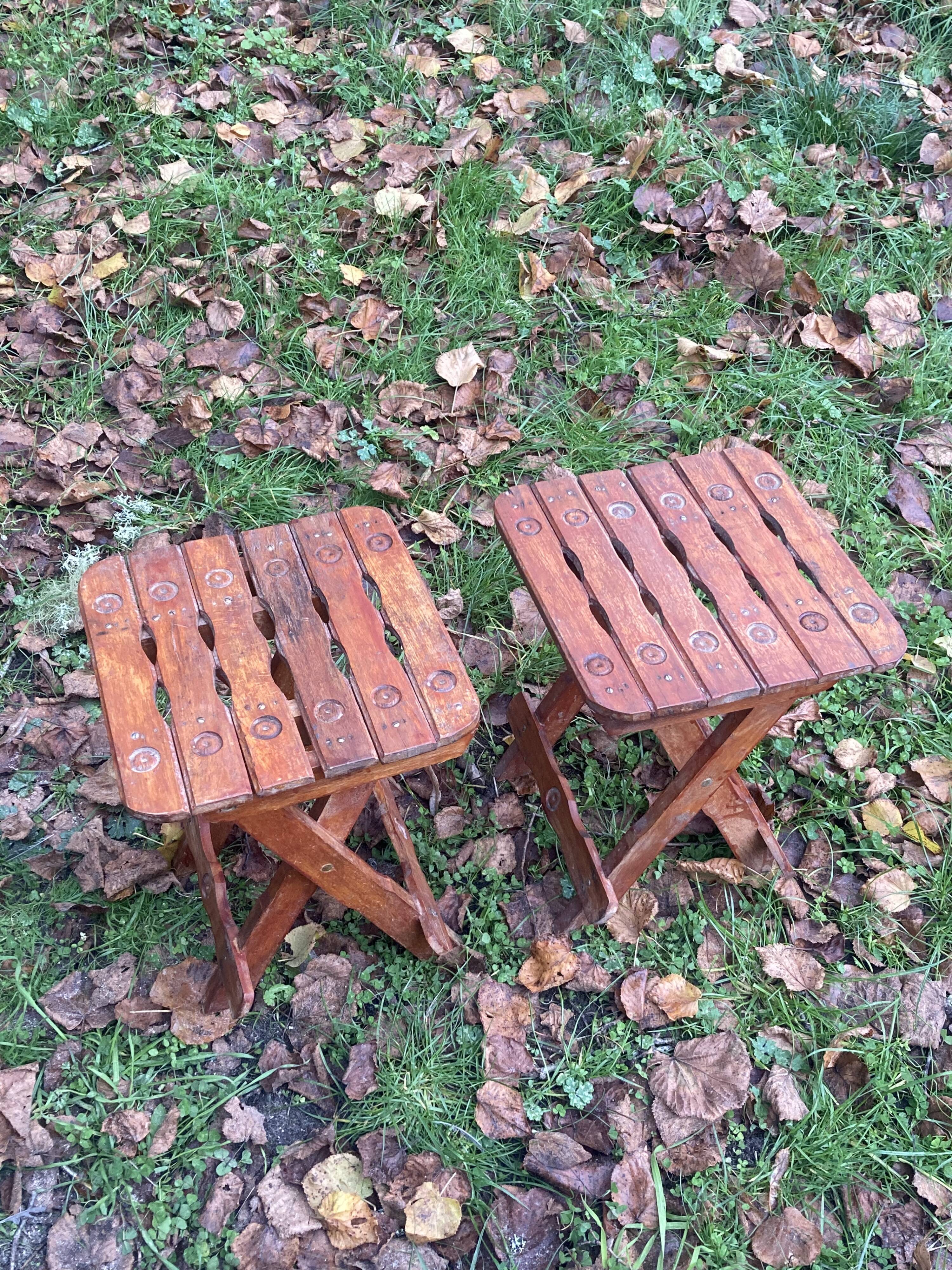 Pair of vintage folding wooden stools from Tyrol mountain