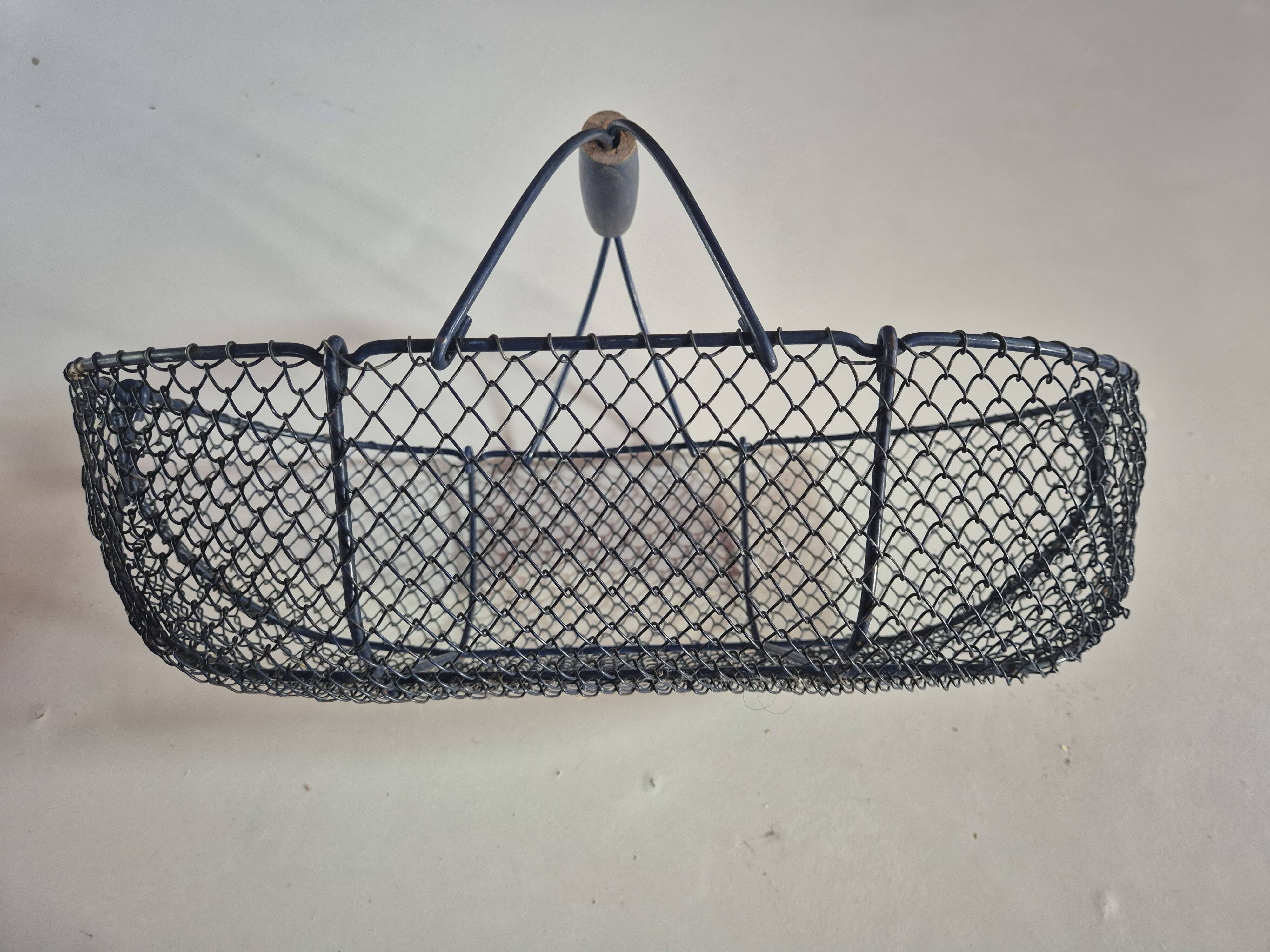 Vintage navy blue metal basket with wooden handle