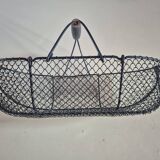 Vintage navy blue metal basket with wooden handle