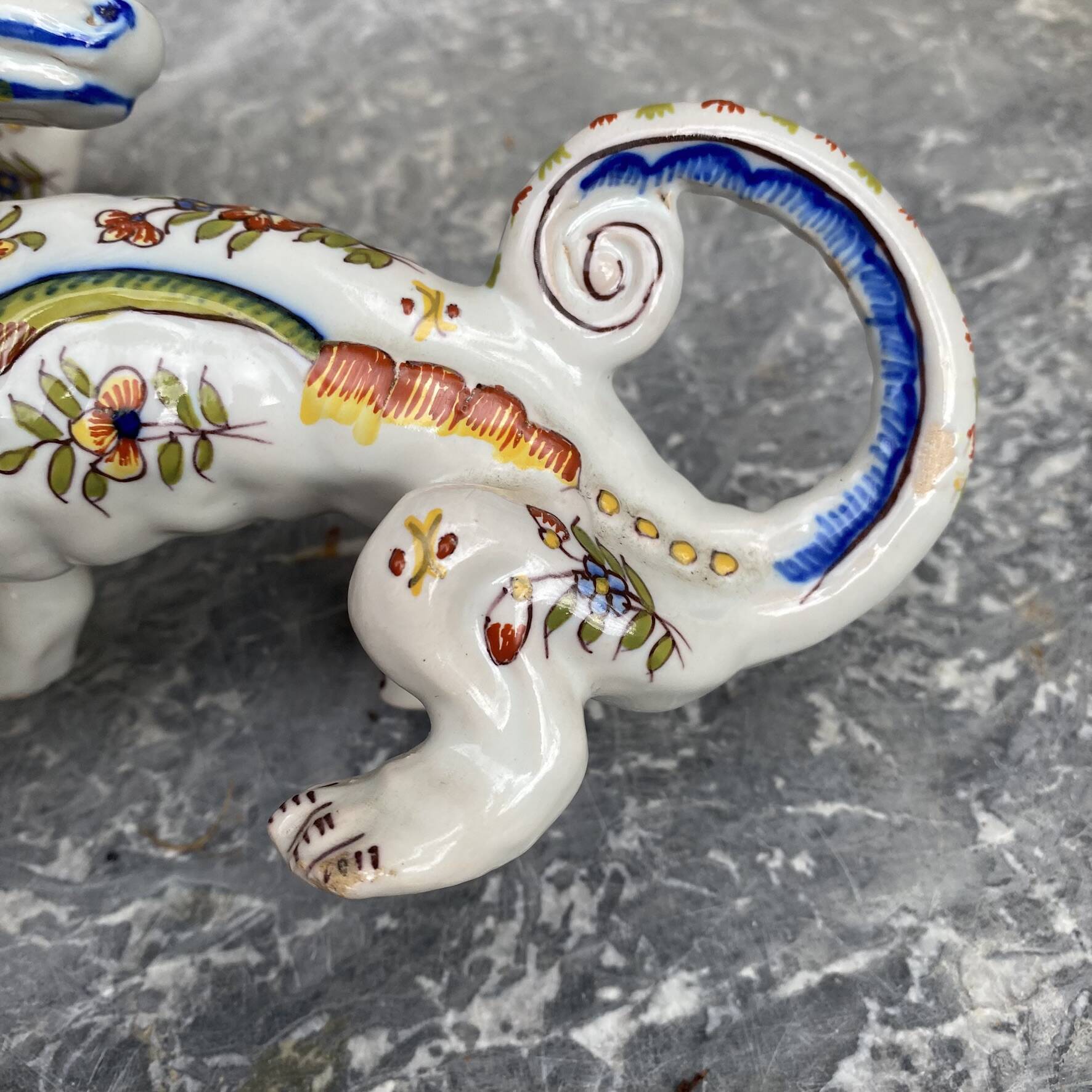 Pair of dragon candlesticks in Desvres earthenware, Rouen