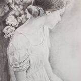 Charcoal drawing representing a young woman. Carbon paint.