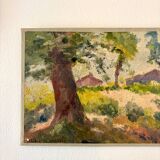 Peinture à l'huile sur toile "Maisons et forêt" n°50